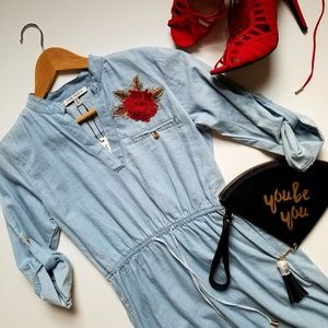 Denim Mini Embroidered Denim Dress Small
